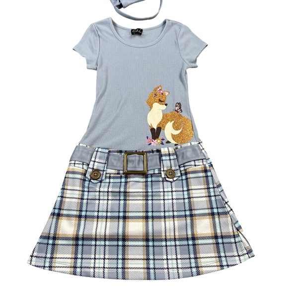 lilt Other - NWOT Lilt Girls Blue Ribbed Fox Glitter Plaid‎ Dress with Matching Purse Size 6X